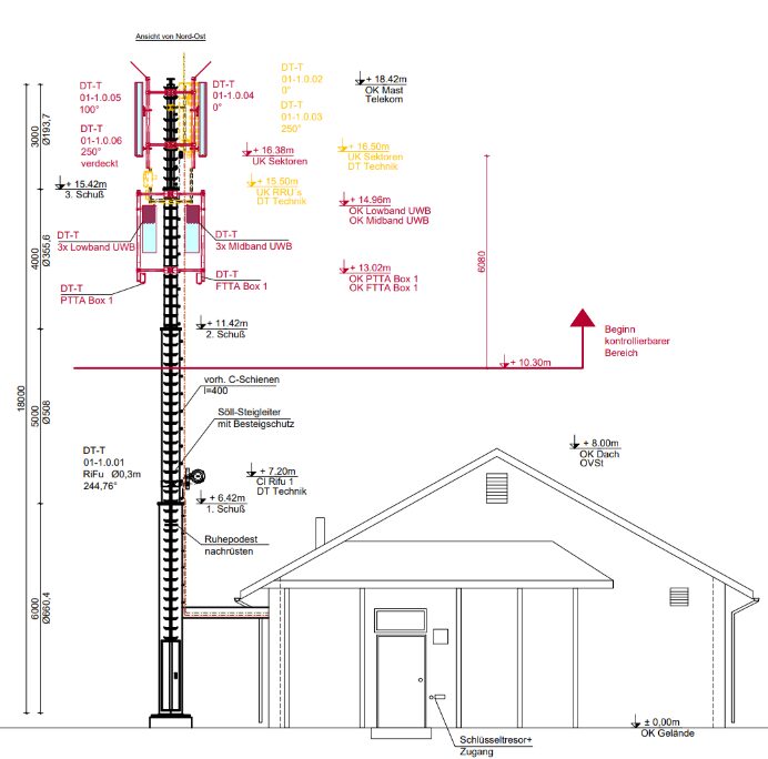 Technical engineering drawing of a lattice tower
