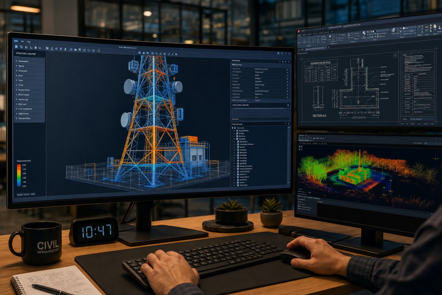 BIM and LiDAR engineering workstation showing tower analysis