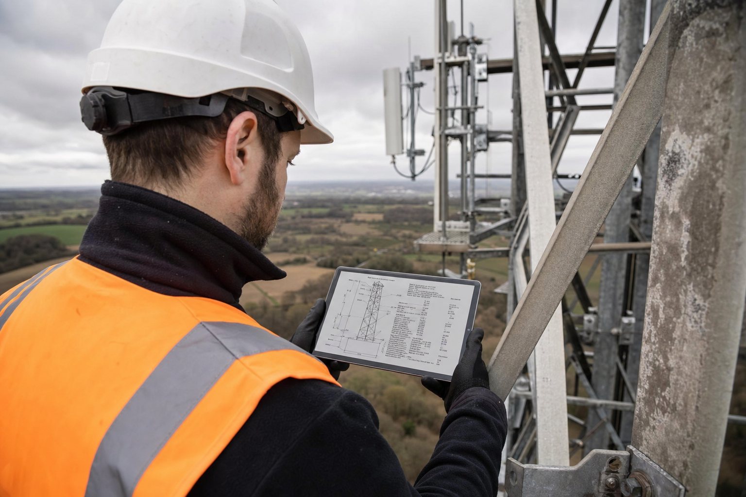 Structural engineer inspecting a UK telecom tower